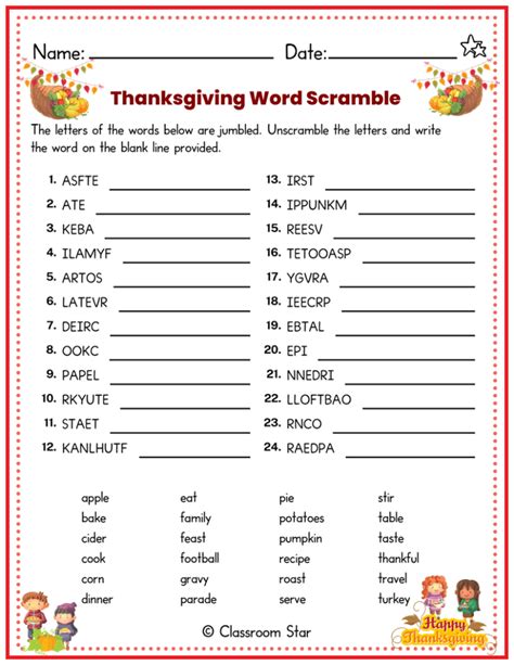 Thanksgiving Word Scramble Classroom Star Worksheets