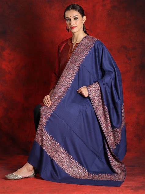 Pure Pashmina Violet Colored Sozni Silk Shawl With Embroidered Border