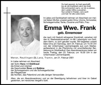 Traueranzeigen Von Emma Frank Trauer Bz