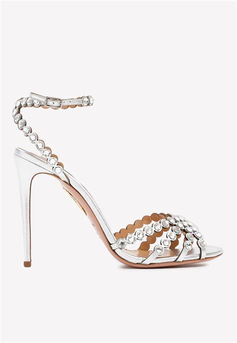 Aquazzura Leather Tequila Crystal Embellished Sandals In Metallic