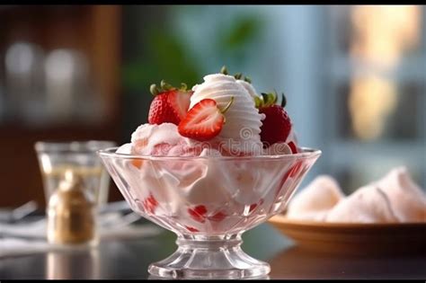 Vanilla And Strawberry Sundae In Glass Dish On Table Stock Illustration Illustration Of Scoops