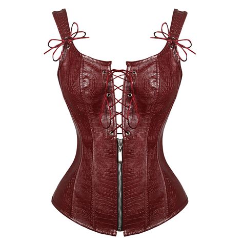 Fashion Wine Red Punk Faux Leather Lace Up Zipper Vest Corset N21671