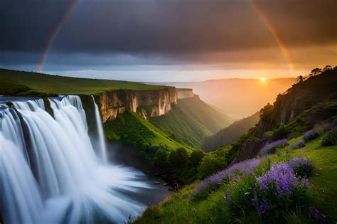 Premium AI Image | A rainbow over a waterfall