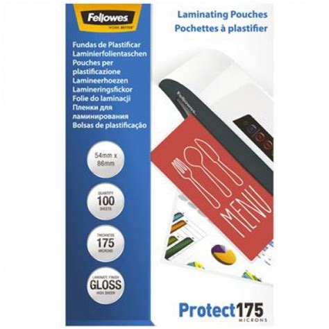 Laminating Pouches Fellowes 54x86mm 175 Micron Gloss Pack Of