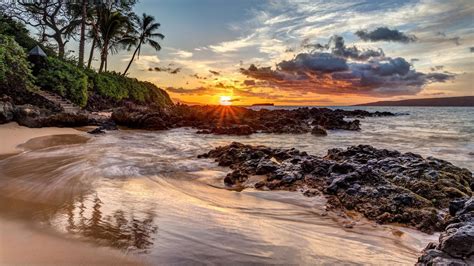 Wallpaper Sinar Matahari Pemandangan Matahari Terbenam Laut Batu