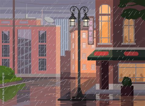 Rainy City Vector Flat Cartoon Illustration Stock Vector Adobe Stock