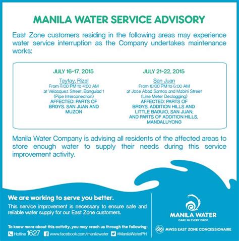 Manila Water On Twitter Advisory Schedule Of Maintenance Works