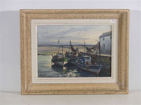 UCHAY René HUCHET dit 1917 2001 Le Croisic Bateaux au port Huile