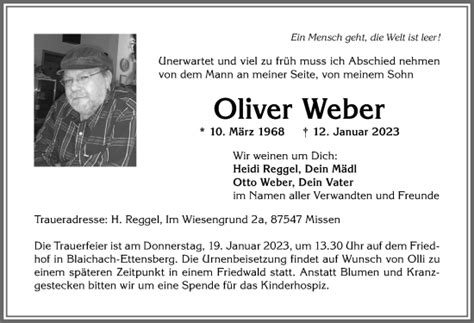 Traueranzeigen Von Oliver Weber Allg Uer Zeitung