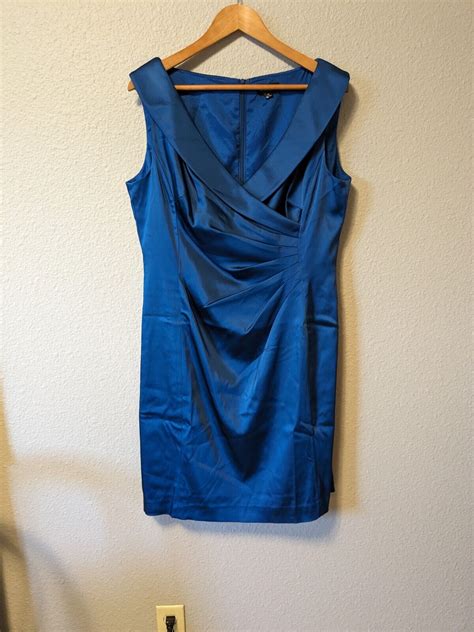 New Tahari Asl Royal Blue Sheath Satin Dress Sleeveless Surplice Ruched