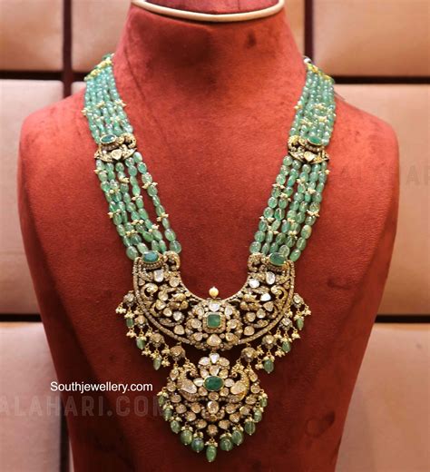 Emerald Beads Haram With Polki Pendant Indian Jewellery Designs