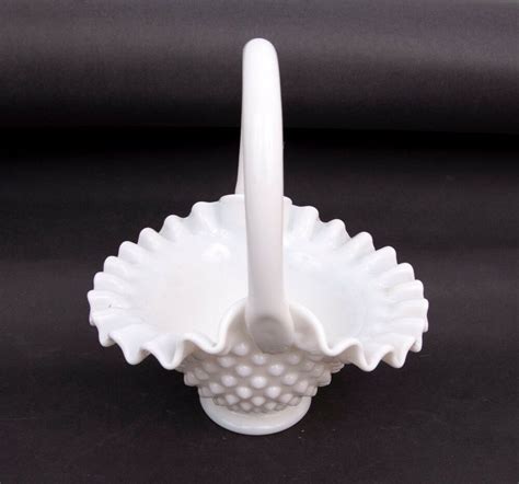 Vintage Fenton Art Glass Handled Basket Hobnail White Milk Glass Wedding Basket Fenton Milk