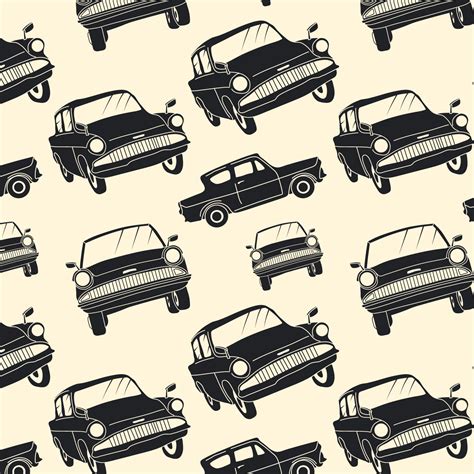 Seamless Pattern With Magical Flying Car In Monochrome Style Hand