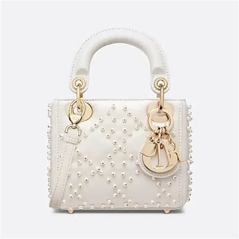 Dior Women Lady Dior Micro Bag Latte Cannage Lambskin With Resin Pearls