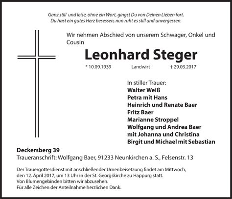 Traueranzeigen Von Steger Leonhard Gemeinsamtrauern N Land