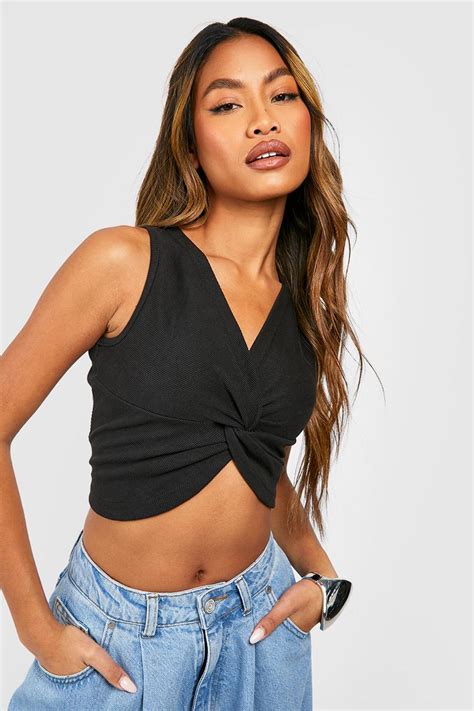 Womens Black Twist Front Ribbed Crop Top Boohoo Uk