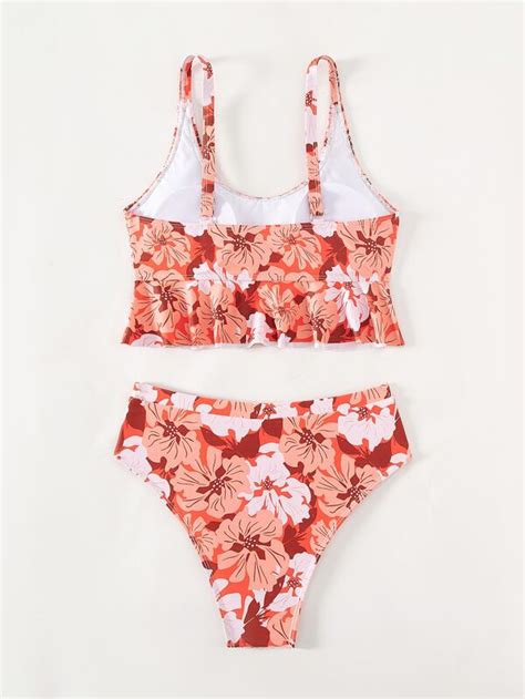 Floral Print Tankini Set Smocked Ruffle Hem Cami Top And High Waisted