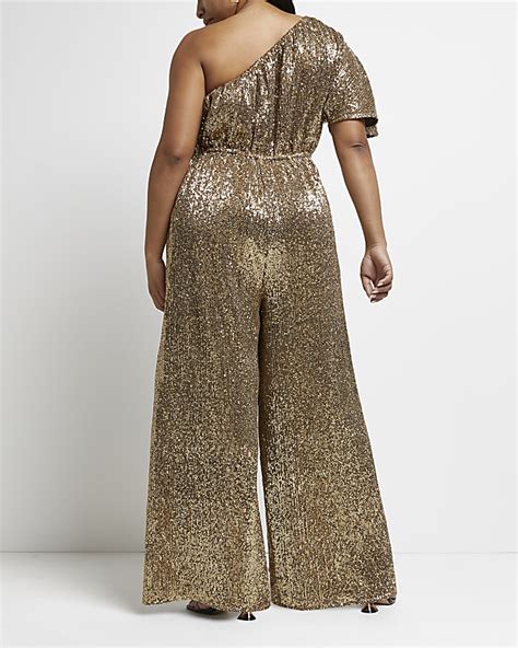 Plus Gold Sequin Asymmetric Jumpsuit River Island