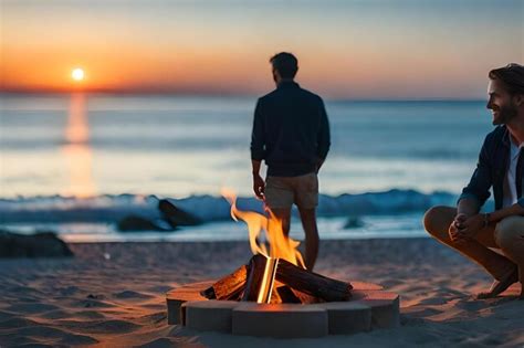 Un Hombre Se Encuentra Junto A Una Fogata En La Playa Con El Sol