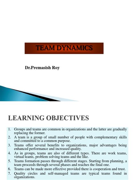 Team Dynamics Dr Premasish Roy Pdf Leadership Applied Psychology