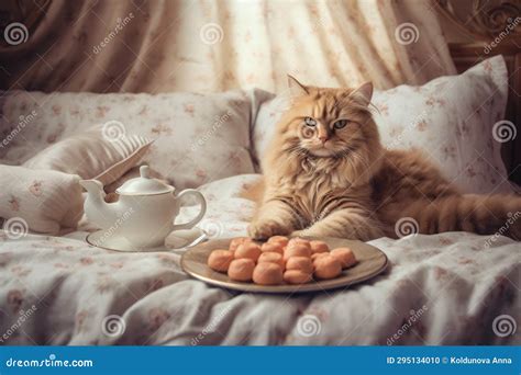 Cute Cat Eating Cookies In Bed Concept Of Playful Feline Stock Photo