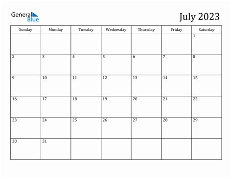 July 2023 Monthly Calendar