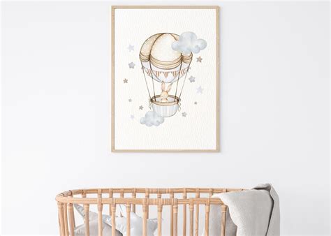 Watercolor Bunny Hot Air Balloon Nursery Wall Art Print Printable
