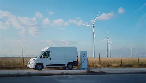 Charging Electric Van And Wind Turbines In A Background Premium Ai