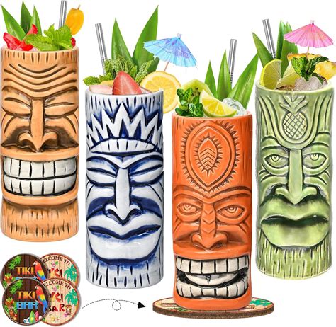 Tiki Mugs Set Of 4 Ceramic Tiki Glass Cocktail Cups Unique Cocktail Glasses Bar