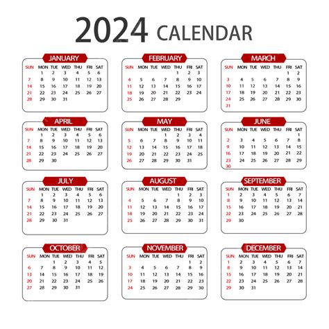 Kalender 2024 Sederhana Berwarna Merah, Merah, Kalender, Tanggal PNG