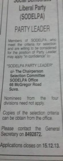 SODELPA Advertises For Party Leader Position For Election Candidates