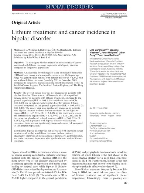 Pdf Lithium Treatment And Cancer Incidence In Bipolar Disorder