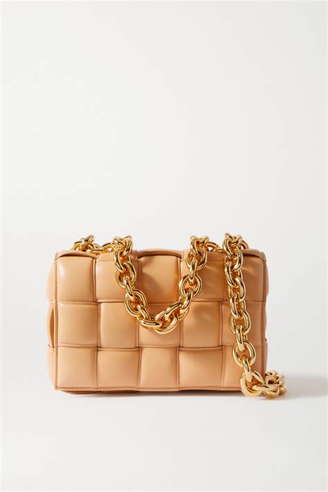 Bottega Veneta Cassette Chain Embellished Padded Intrecciato Leather Shoulder Bag In Neutrals