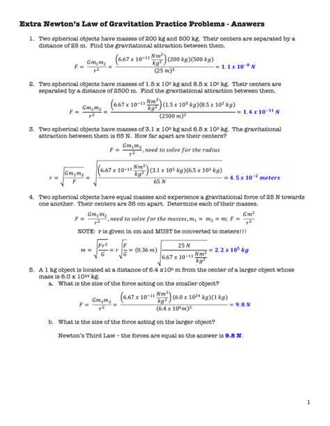 Newton S Law Of Universal Gravitation Worksheets Answers