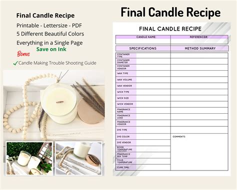 Candle Making Printable Final Recipe Sheets Free Bonus Page Candle