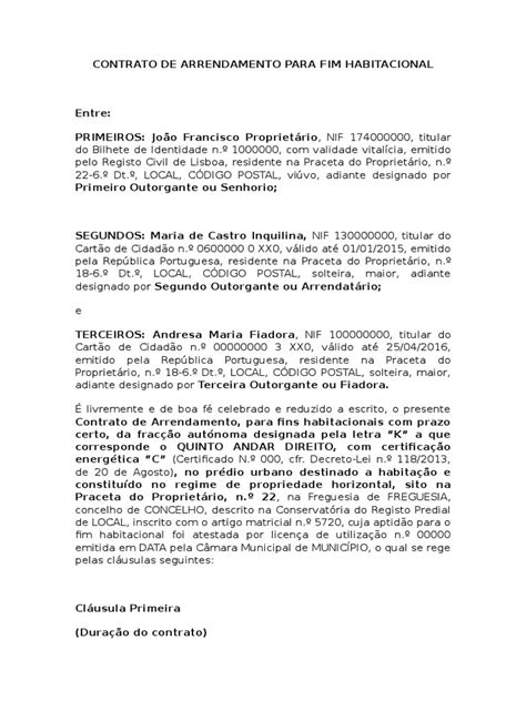 Contrato De Arrendamento Para Fim Habitacional Landlord Lease