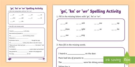 Kn Wr Gn Silent Letters Worksheets Spelling Activity