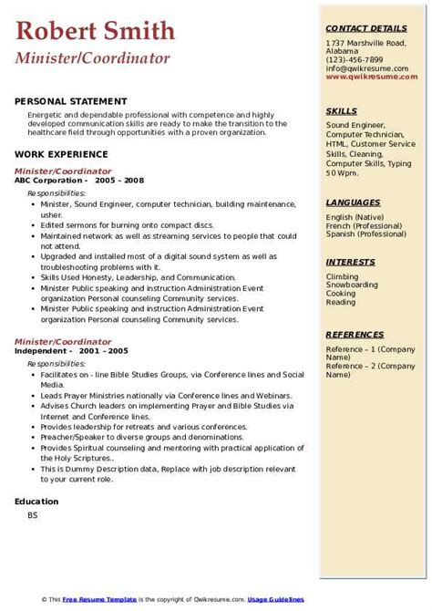 Minister Resume Samples Qwikresume