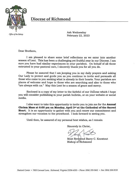 Letters From Bishop Knestout To All Priests And Parishioners Our Lady