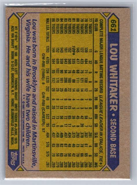 1987 Topps Baseball 661 Lou Whitaker Detroit Tigers EBay