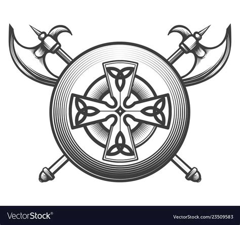 Two Crossed Battle Axes And Shield With Celtic Friost Vector