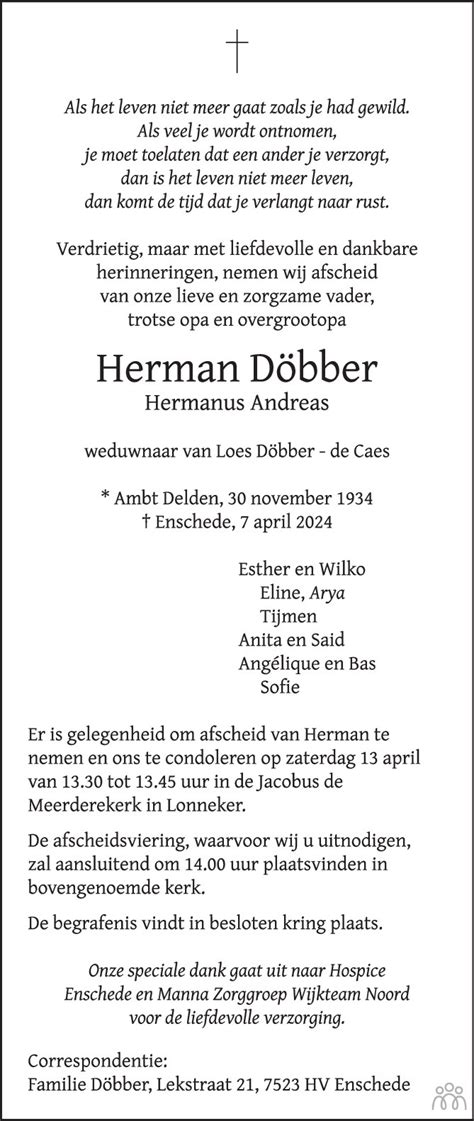 Herman Hermanus Andreas D Bber Overlijdensbericht En