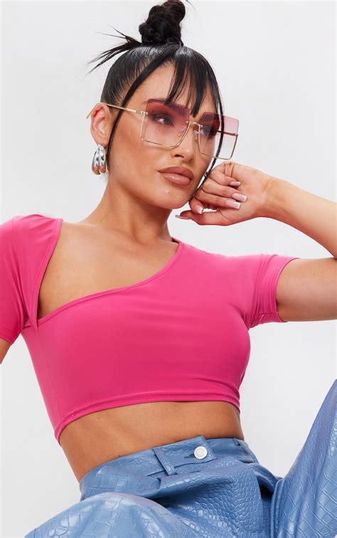 Hot Pink Slinky Asymmetric Short Sleeve Crop Top Prettylittlething Usa