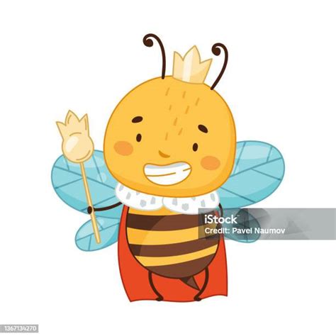 Adorable Queen Bee Cartoon Character In Golden Crown Vector