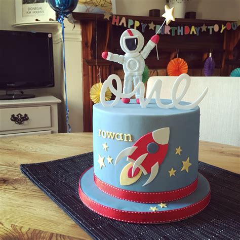 Space Themed First Birthday Cake With Stars Astronaut And Rocket By