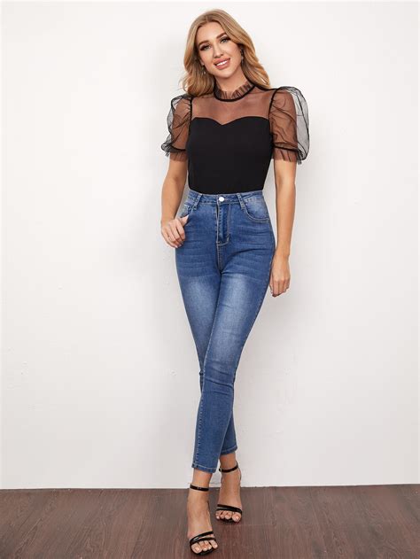 Shein Privé Mesh Yoke And Sleeve Top Shein Usa