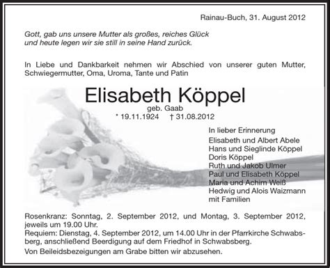 Traueranzeigen Von Elisabeth K Ppel Ostalbtrauer