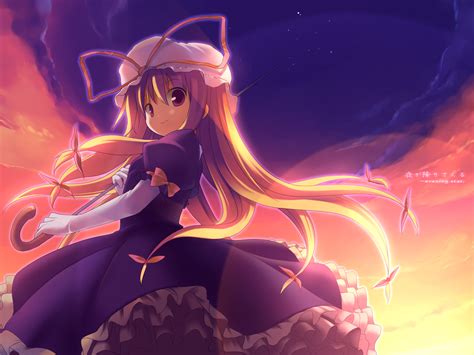 Blonde Hair Dress Gloves Hat Long Hair Purple Eyes Ribbons Sky Stars Touhou Umbrella Yakumo