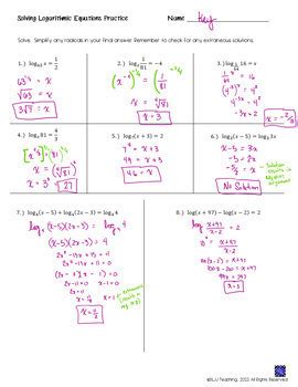 Solving Logarithmic Equations Practice Worksheets With Answers Algebra