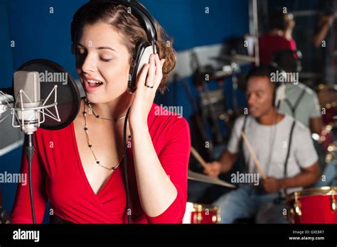 Lady Singing In Recording Studio Stock Photo Alamy